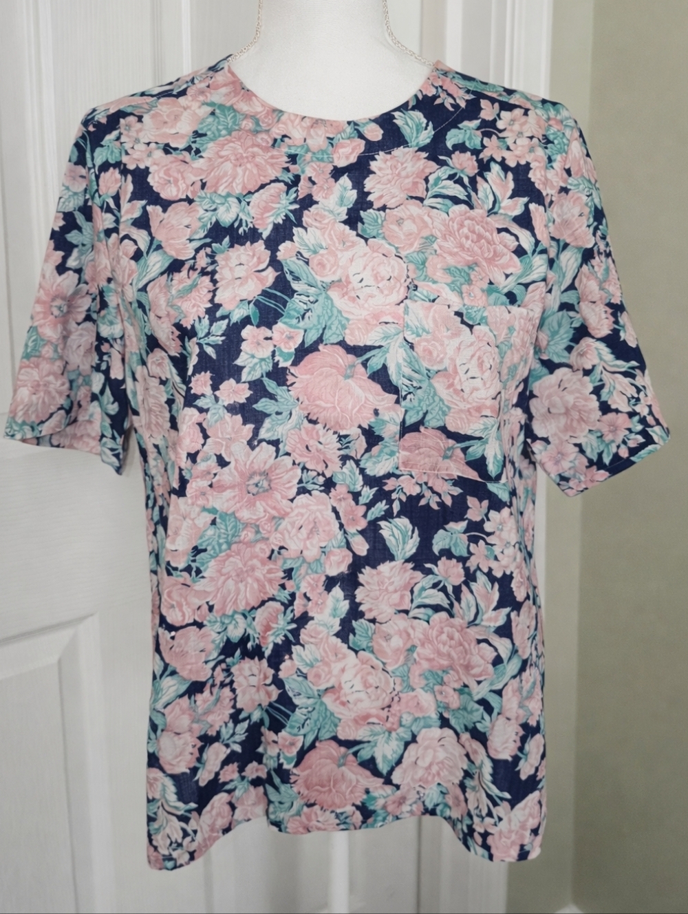 Vintage 90s Haberdashery by Leslie Fay Floral Blouse Boxy Dolman Sleeve Navy